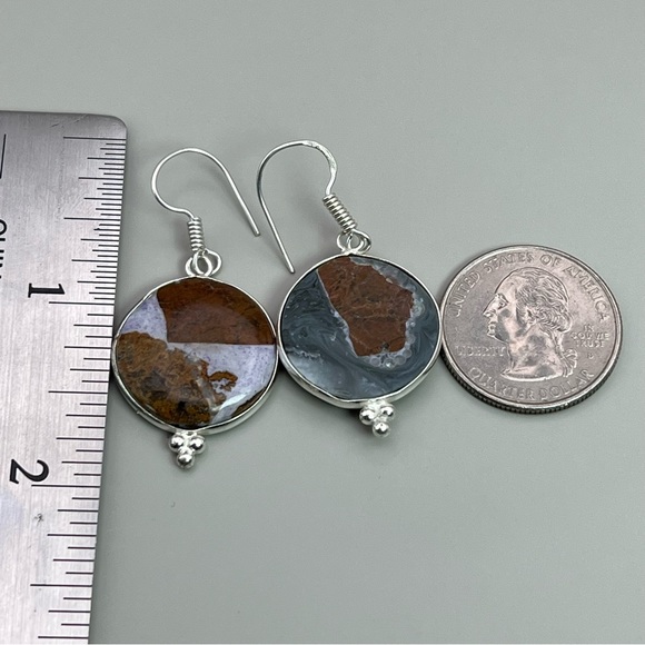 New Round Jasper Stone Silver Hook Earrings - Picture 5 of 5